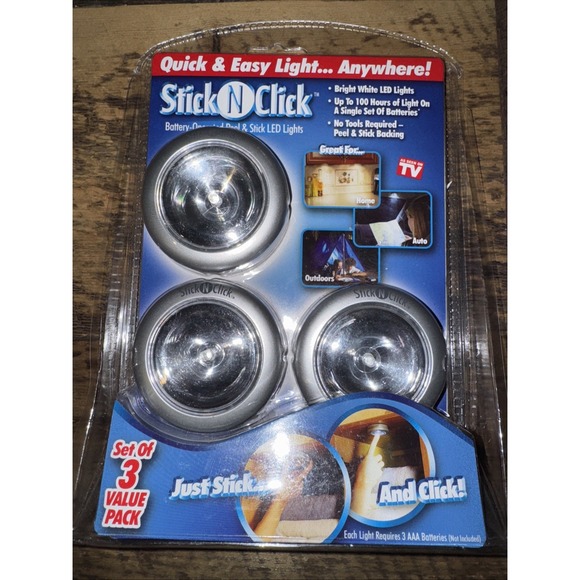 "Stick N Click"‎ Peel & Stick LED Lights (set of 3) - New Sealed - Picture 1 of 2